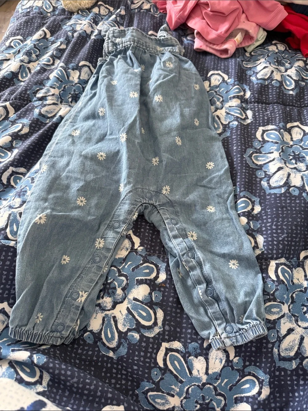 Blue Daisy-Print Kids Denim Jumpsuit